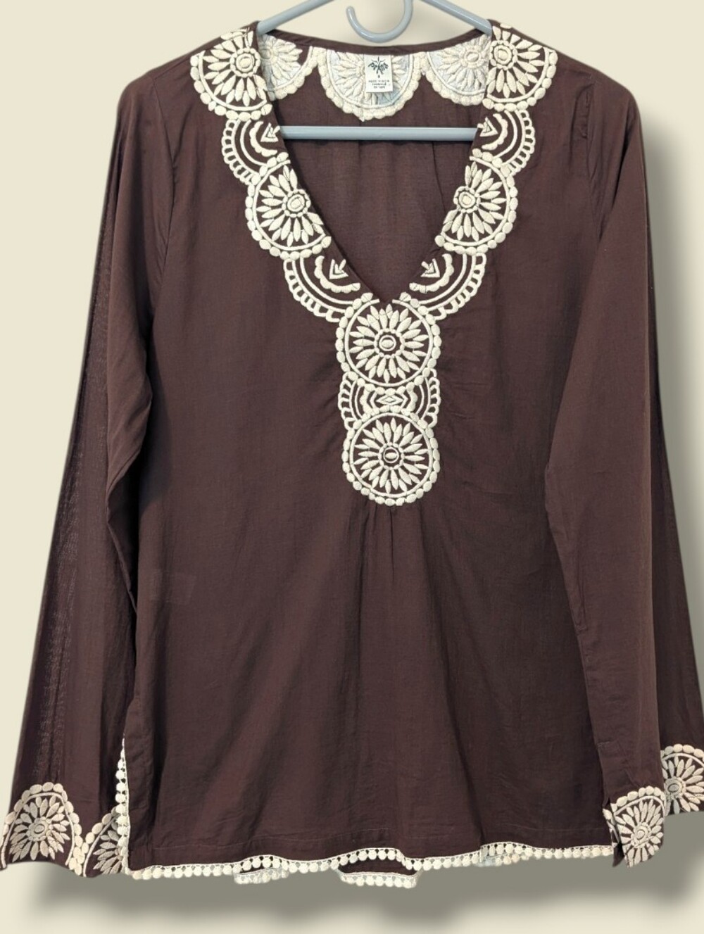 Prana Brown Cotton Embroidered Long Sleeve V-Neck Lightweight Tunic Top Bohemian